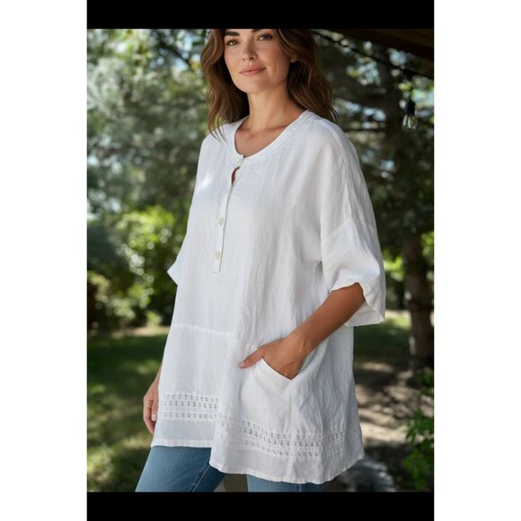 NEW Lafayette 148 White Boho Chic Tunic Top M 100% Linen Front Button  Pockets - Picture 1 of 12